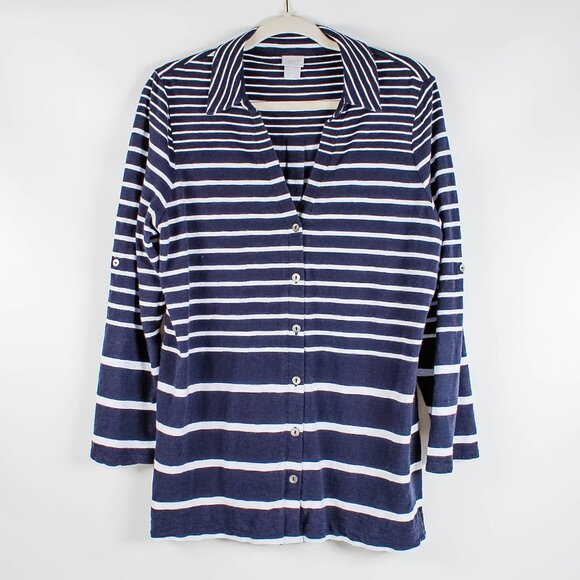 Chico's Blue White Stripe Knit Top - Button Down - Size Large - Picture 1 of 8